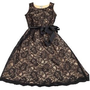DKNY Womens Black Lace Fit and Flare Dress Nude Lining Sash Size 4